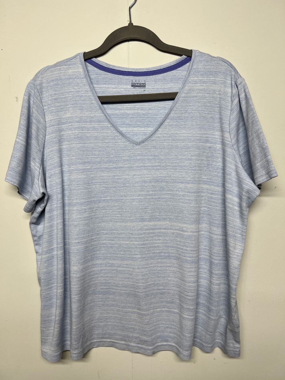 Basic Editions Short Sleeve V-Neck Blue T-Shirt Womens 1X Breathable Stretch